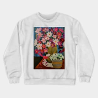 So this painting of two vases . Smaller one with daisy's and large one with carnations. Crewneck Sweatshirt